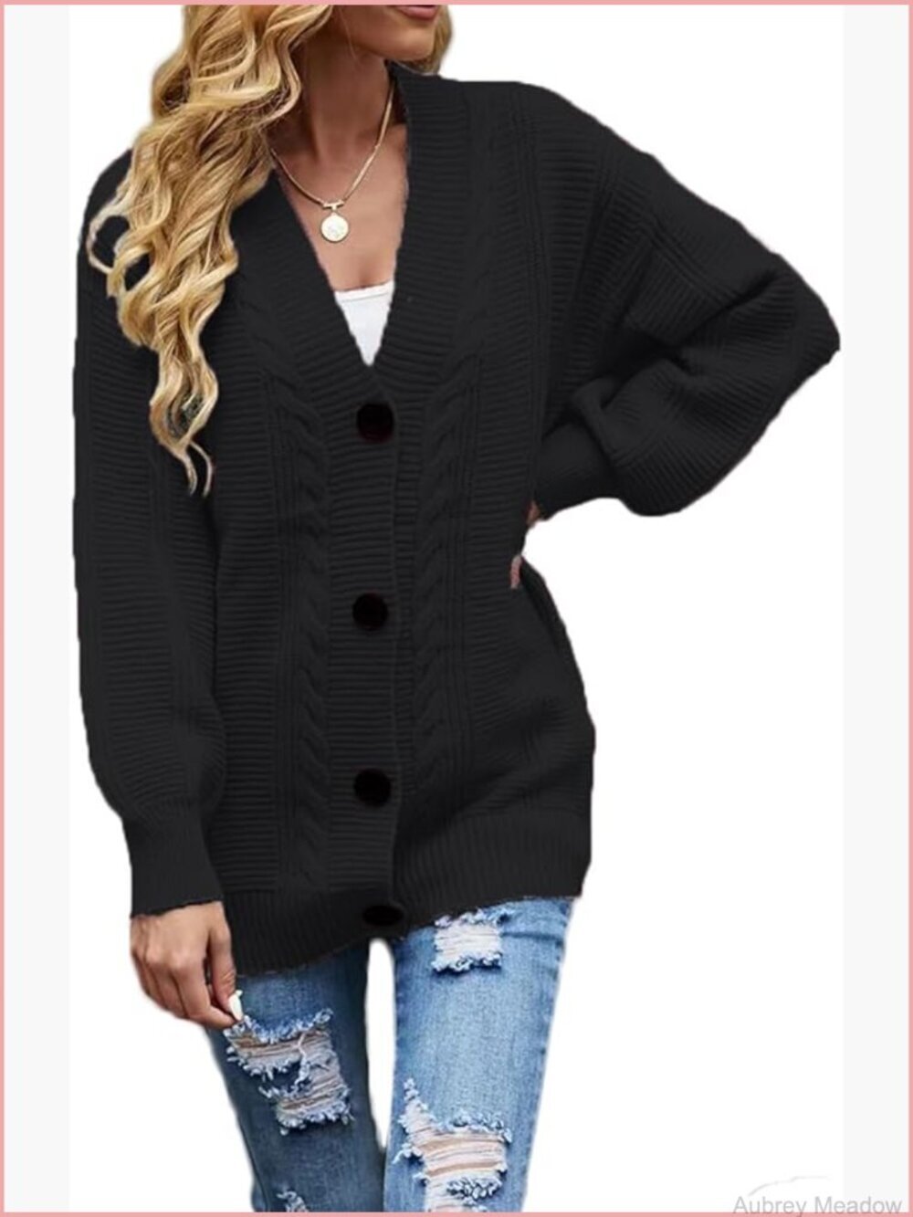 Oversized Cable Knit Cardigan Sweater Button Down Long Sleeve V-Neck